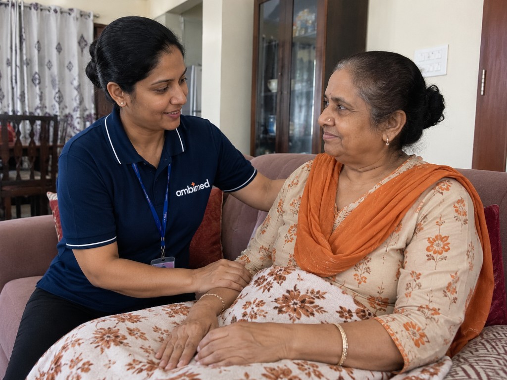 Family booking home healthcare services on a phone at home