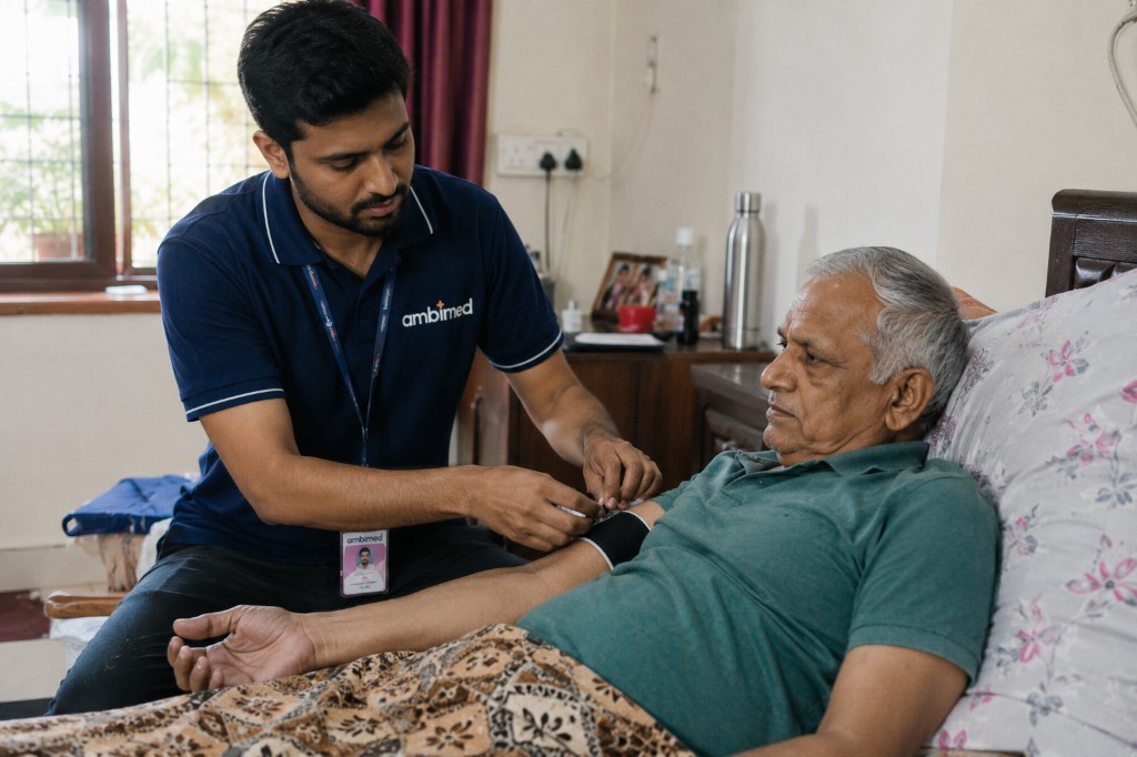 Ambimed home nurse providing compassionate nursing care to a patient at home