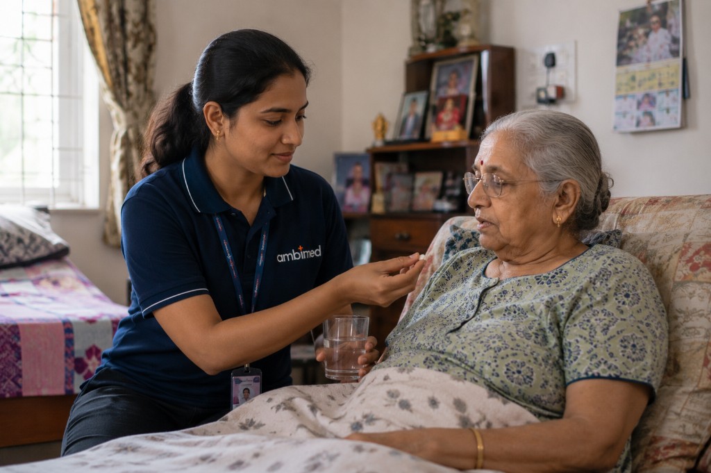 Ambimed caregiver assisting an elderly patient with medication at home