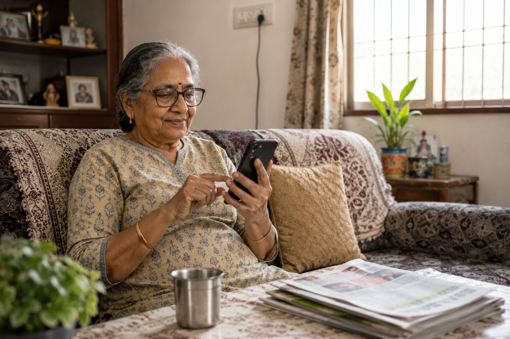 Elderly woman booking home healthcare services on her phone at home